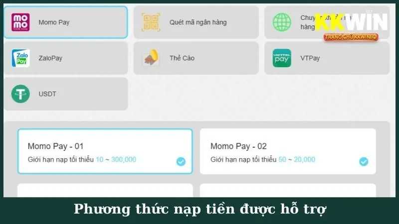 Phương thức nạp tiền được hỗ trợ